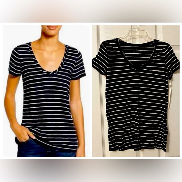 Caslon Tops - Caslon Black White Julia Stripe Rounded V-Neck T-Shirt NWT Size XS